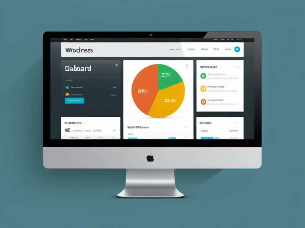 Tablero WordPress moderno: profesional y amigable Interfaz moderna y minimalista de WordPress en monitor HD, reflejando profesionalismo y usabilidad