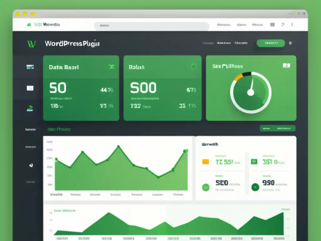 Interfaz SEO de WordPress: Profesional y Atractiva Interfaz moderna de WordPress con el plugin SEO, mostrando datos organizados y controles intuitivos