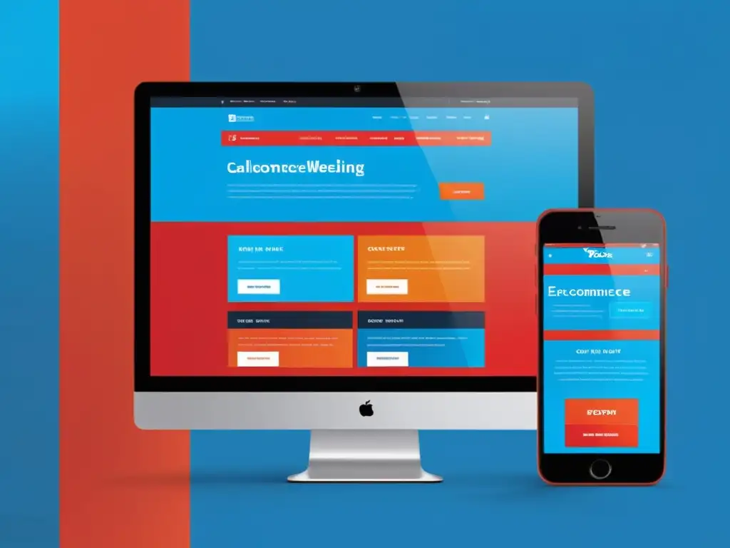 Tienda online moderna y vibrante con colores llamativos Interfaz de tienda online con psicología del color en Ecommerce: rojo, naranja y azul crean una experiencia de compra vibrante y atractiva