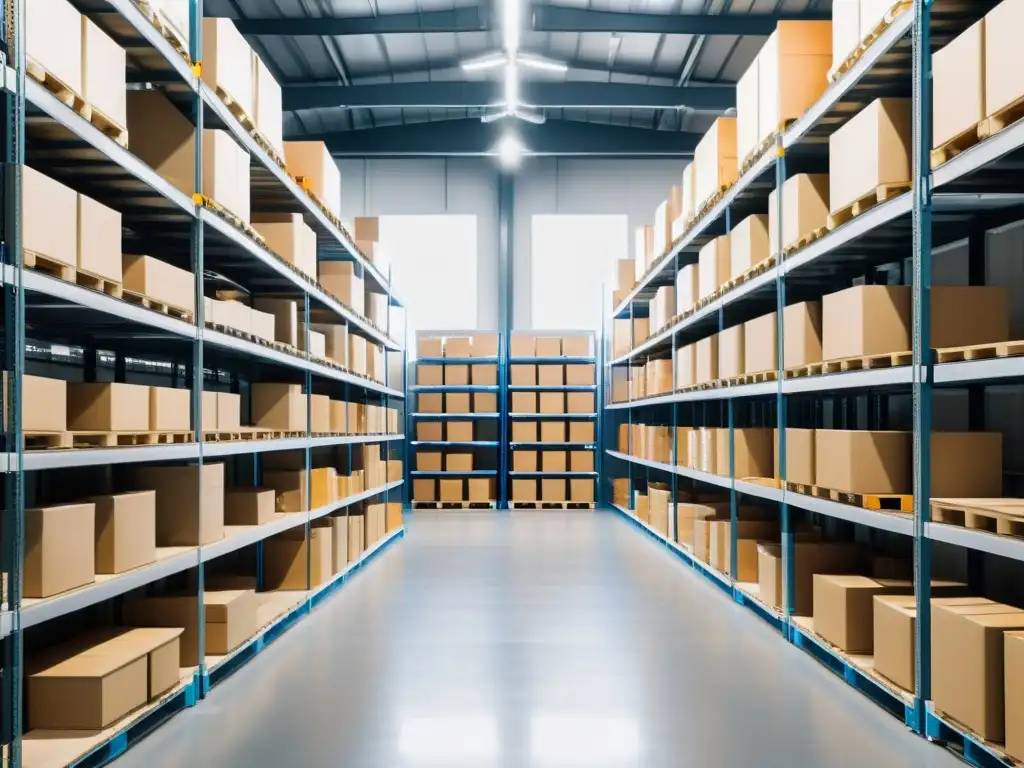 Almacén organizado: eficiencia y orden en la gestión de inventario Interior de almacén minimalista y bien organizado con estantes llenos de inventario, cajas etiquetadas y un ambiente eficiente