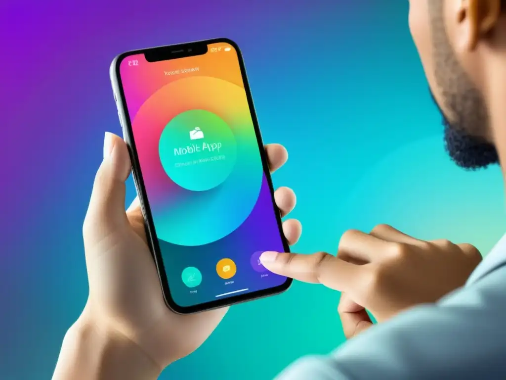 Interacción moderna con app móvil vibrante Mano interactuando con una app moderna en smartphone