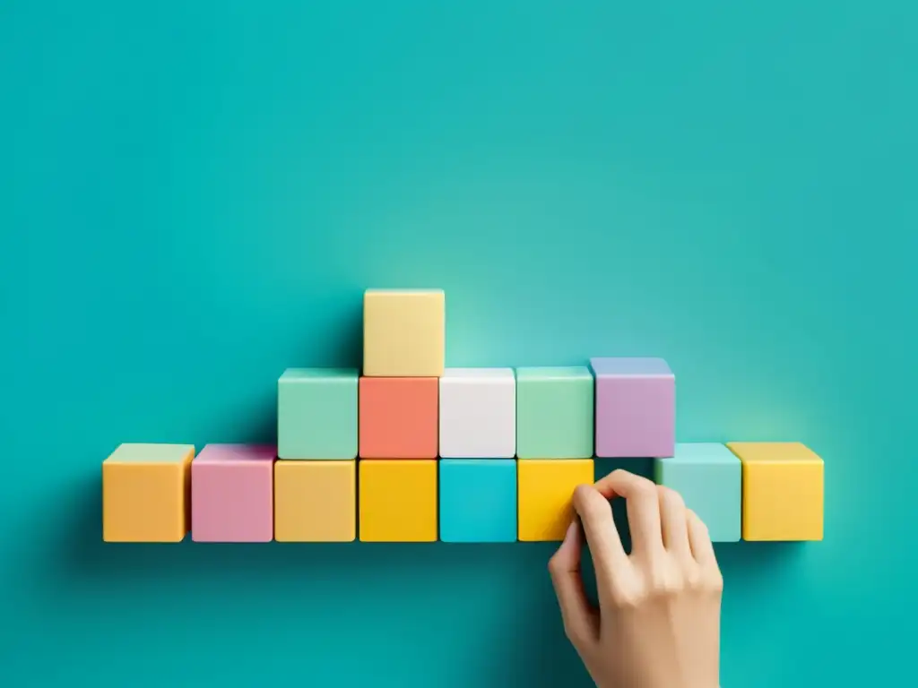 Mano organizando bloques para formar tienda online, transmitiendo guía y expertise en primeros pasos construir tienda online