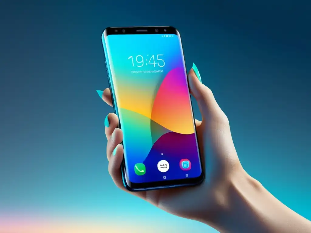 Smartphone elegante con pantalla de borde a borde Mano sostiene un elegante smartphone con pantalla de borde a borde