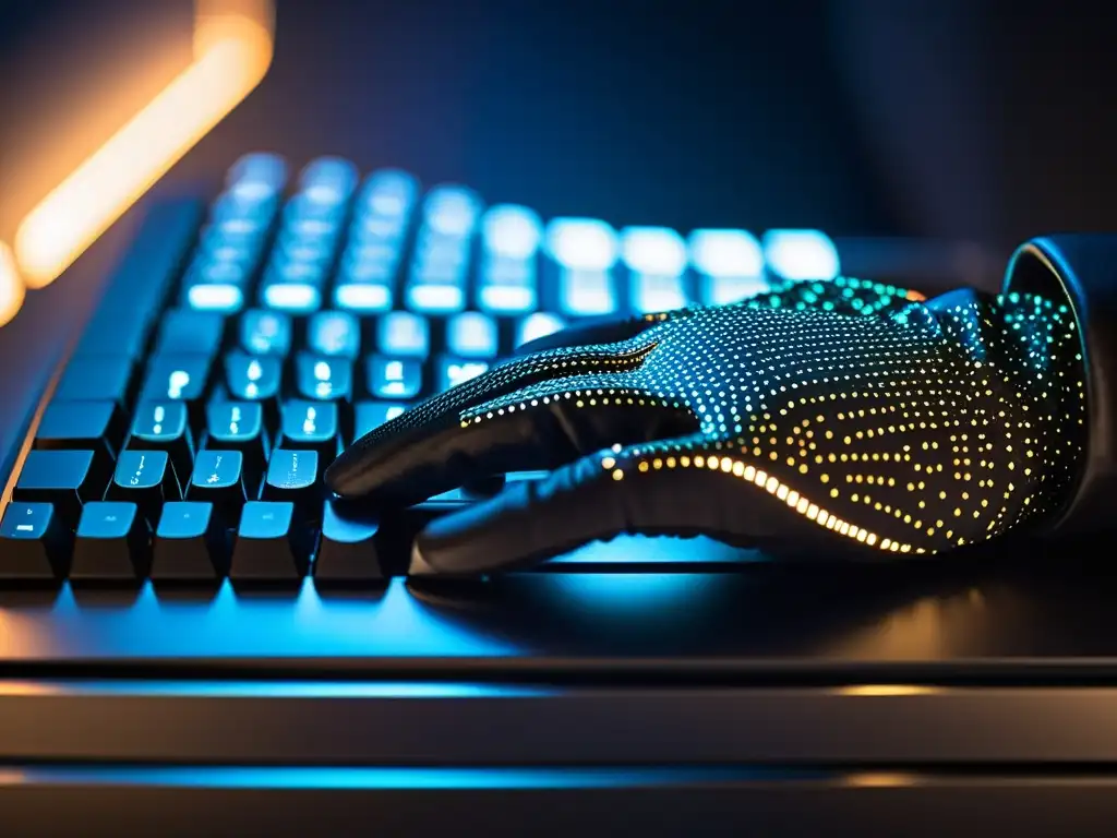 Mano de hacker en teclado: precisión y sigilo La mano enguantada de un hacker tecleando en un moderno teclado, iluminada por la pantalla