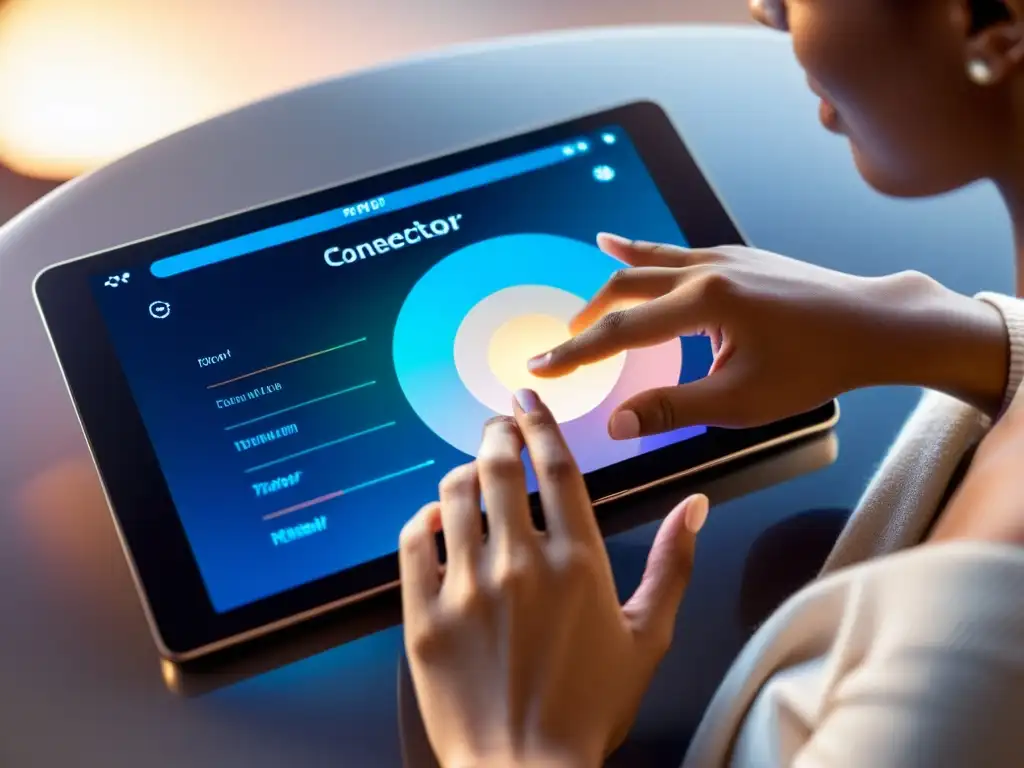 Conexión emocional a través del diseño UX: mano tocando interfaz digital La mano de una persona se extiende hacia una interfaz digital moderna y elegante, bañada en luz cálida