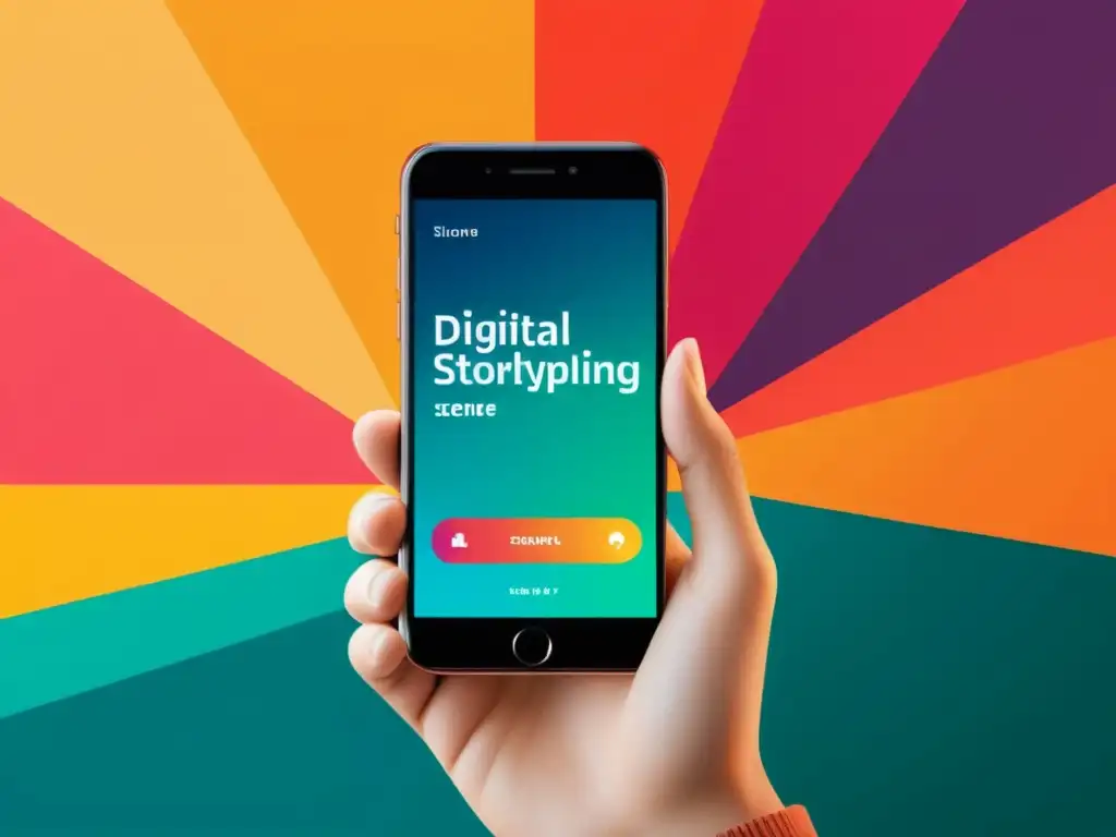 Mano profesional sostiene smartphone con historia visual Mano sosteniendo smartphone con escena de storytelling digital para conversiones, reflejando confianza y profesionalismo
