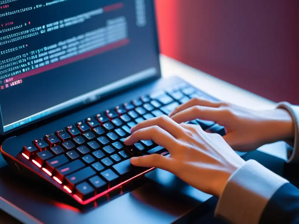 Desarrollador Ruby on Rails experto en acción Manos de desarrollador tecleando código Ruby en un ambiente sereno y enfocado, mostrando manejo avanzado bases datos ActiveRecord Ruby