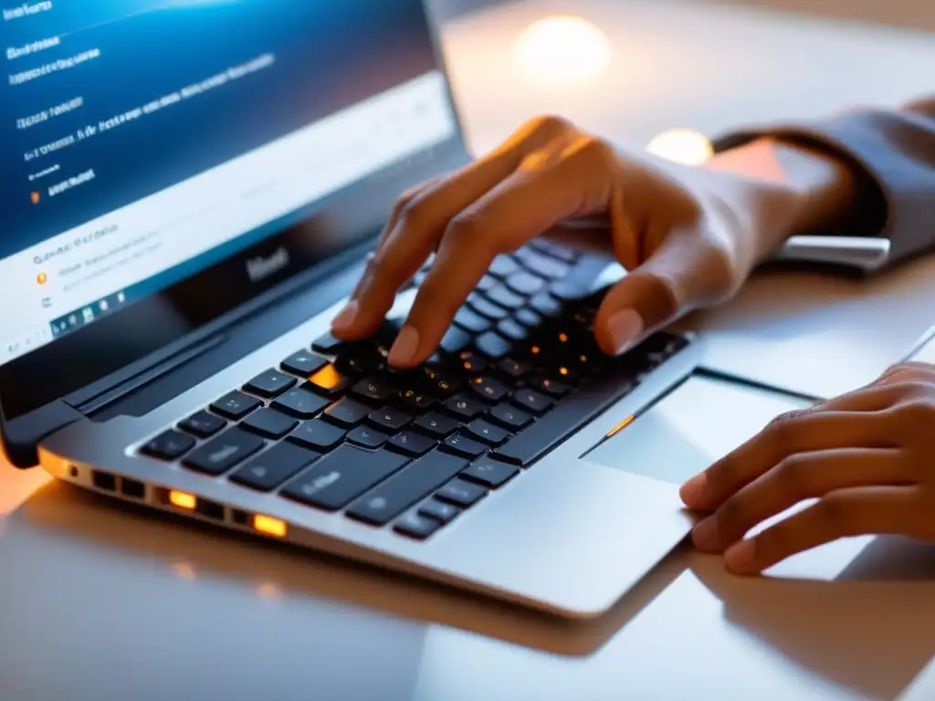 Manos expertas en teclado: desarrollo profesional Manos hábiles desarrollando plugins reactivos Vue y React en un elegante teclado de laptop