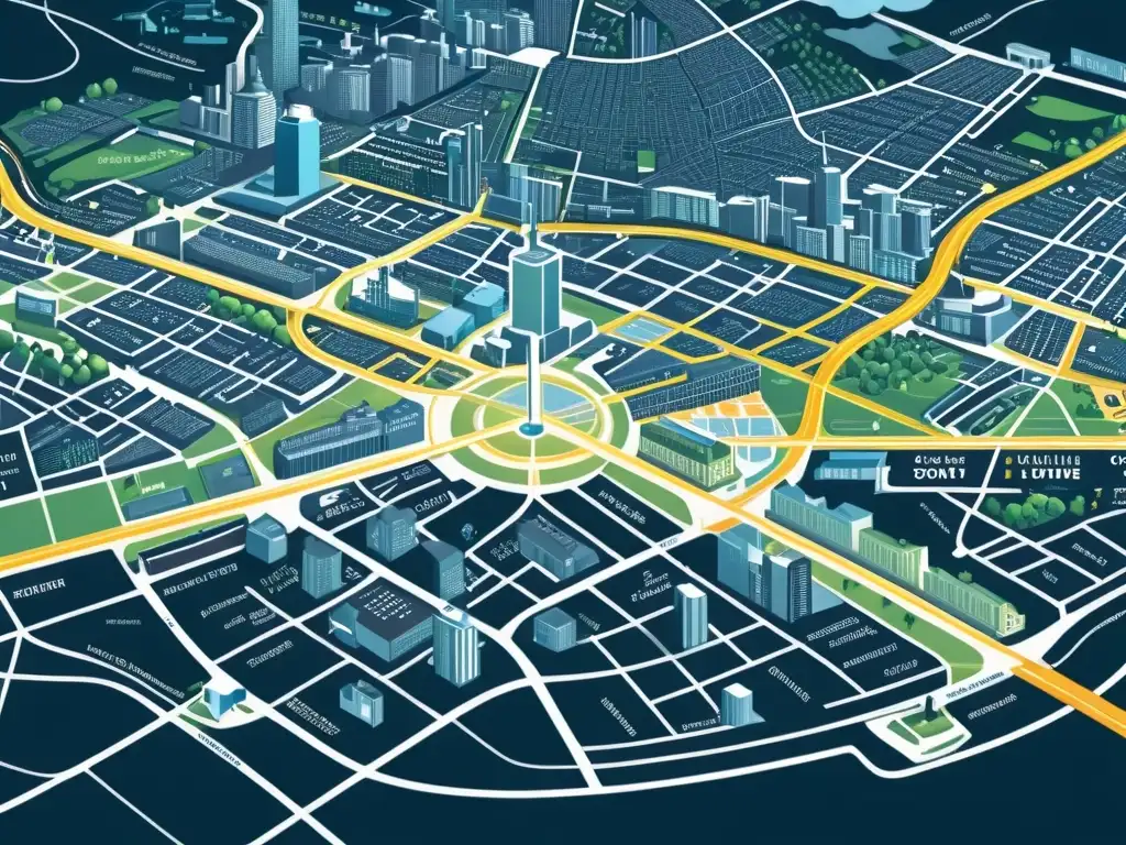 Mapa urbano detallado con estrategias de link building Mapa detallado de la ciudad con negocios locales y estrategias link building locales entrelazadas en líneas brillantes