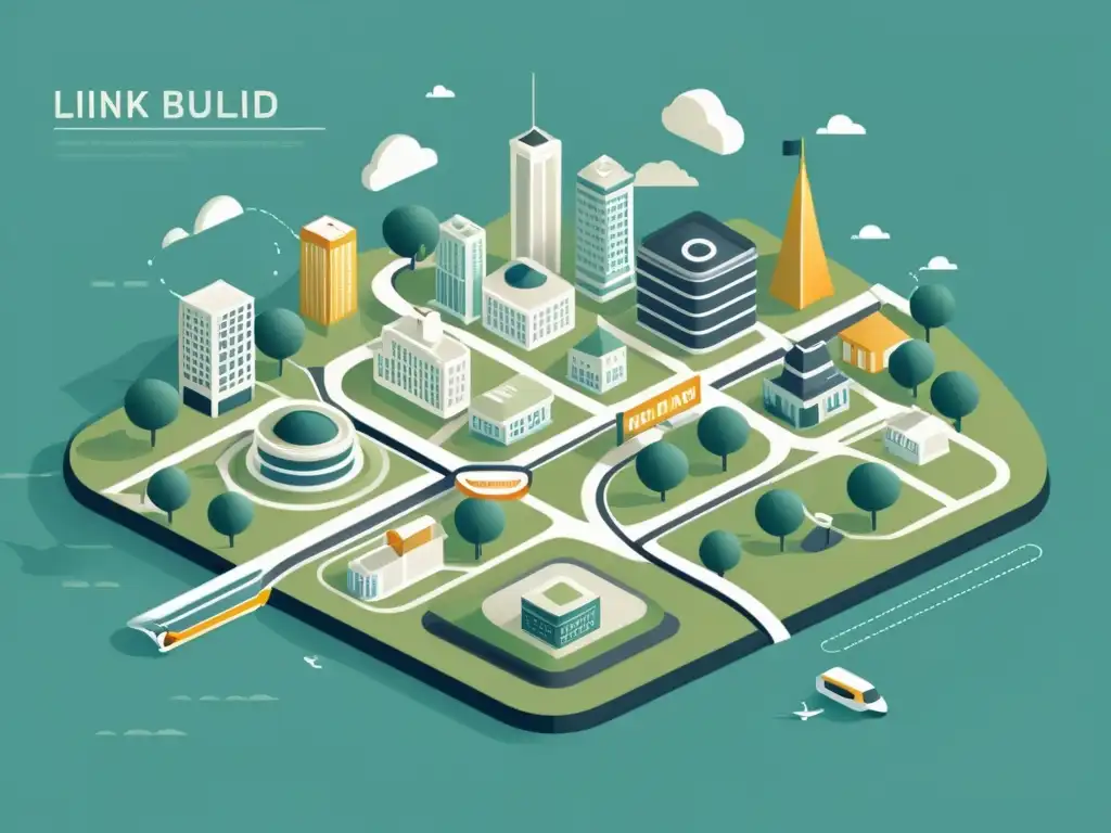 Mapa urbano minimalista: Interconexión de negocios locales para SEO Mapa ilustrado mostrando la interconexión de negocios locales con técnicas de link building SEO local