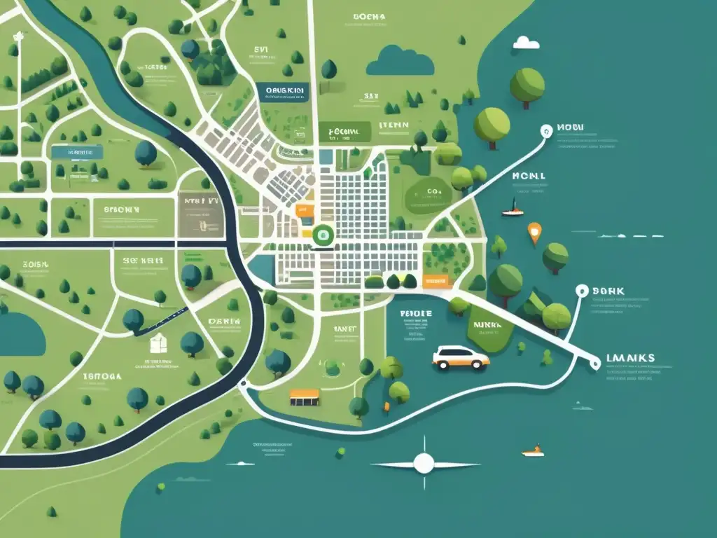 Mapa interactivo de la ciudad con diseño minimalista y zonas resaltadas para destacar parques, museos y sitios históricos