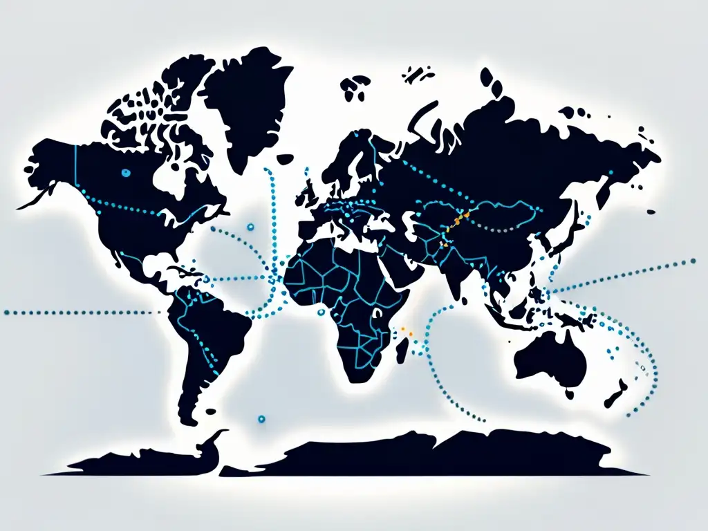 Mapa mundial minimalista de alta resolución con líneas punteadas Mapa del mundo conectado por líneas punteadas, simbolizando internacionalización con Django en un diseño minimalista y moderno