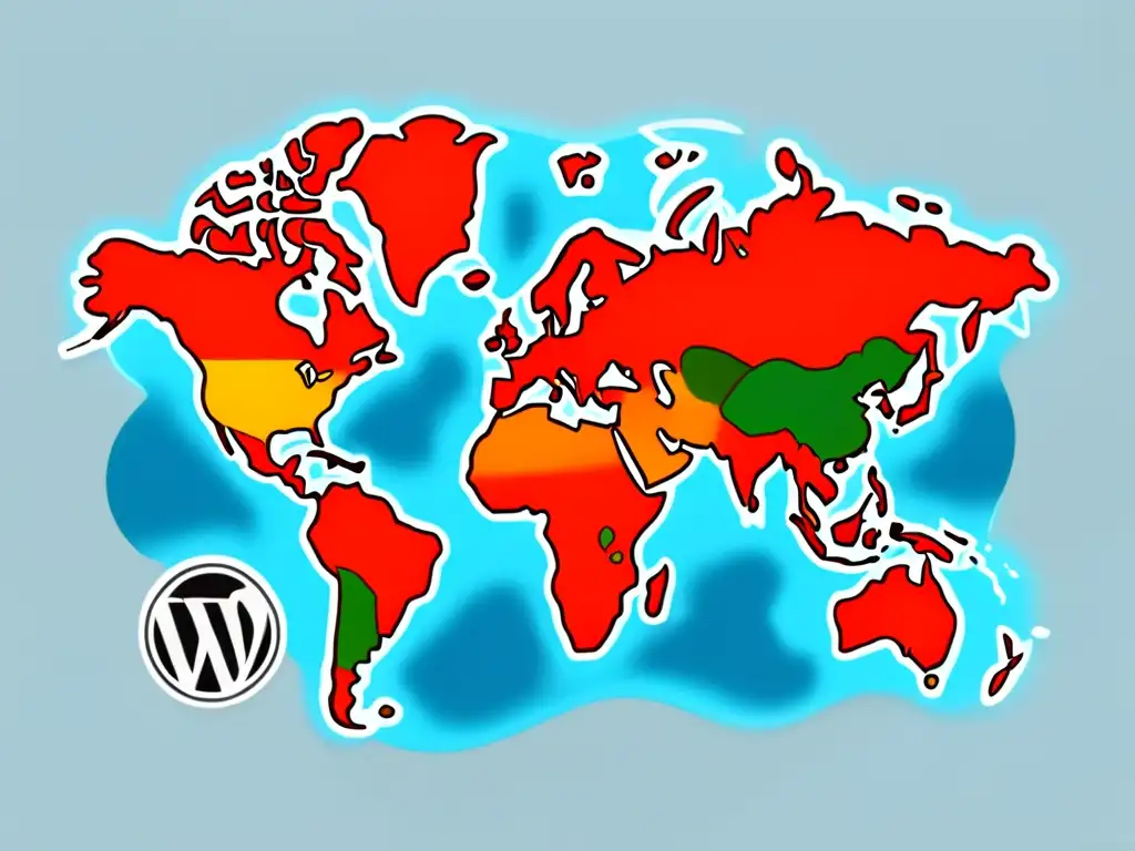 Mapa mundial en escala de grises con íconos vibrantes de temas de WordPress Mapa del mundo en gris con iconos de temas WordPress en colores vibrantes, representando la localización de temas WordPress avanzados a nivel global