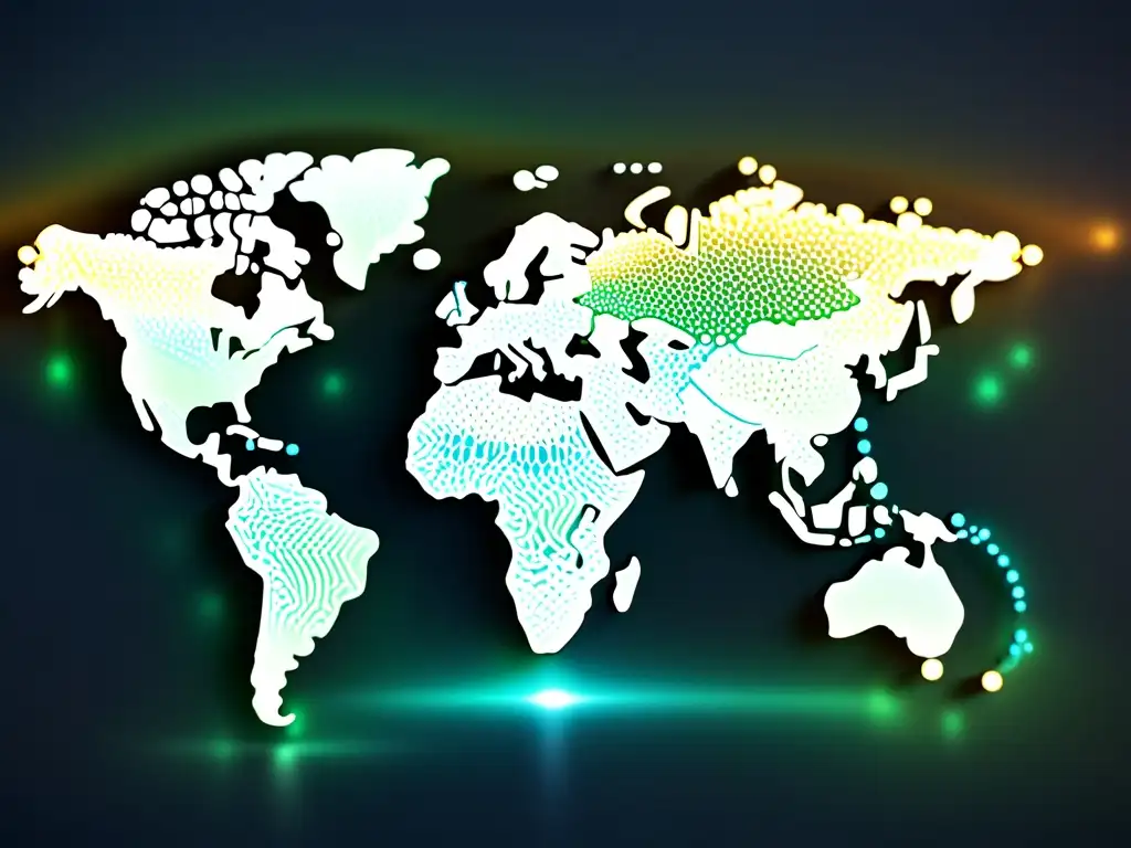 Mapa mundial interconectado de MEAN/MERN Un mapa del mundo minimalista y luminoso que representa la importancia de la internacionalización MEAN/MERN, con nodos conectados globalmente