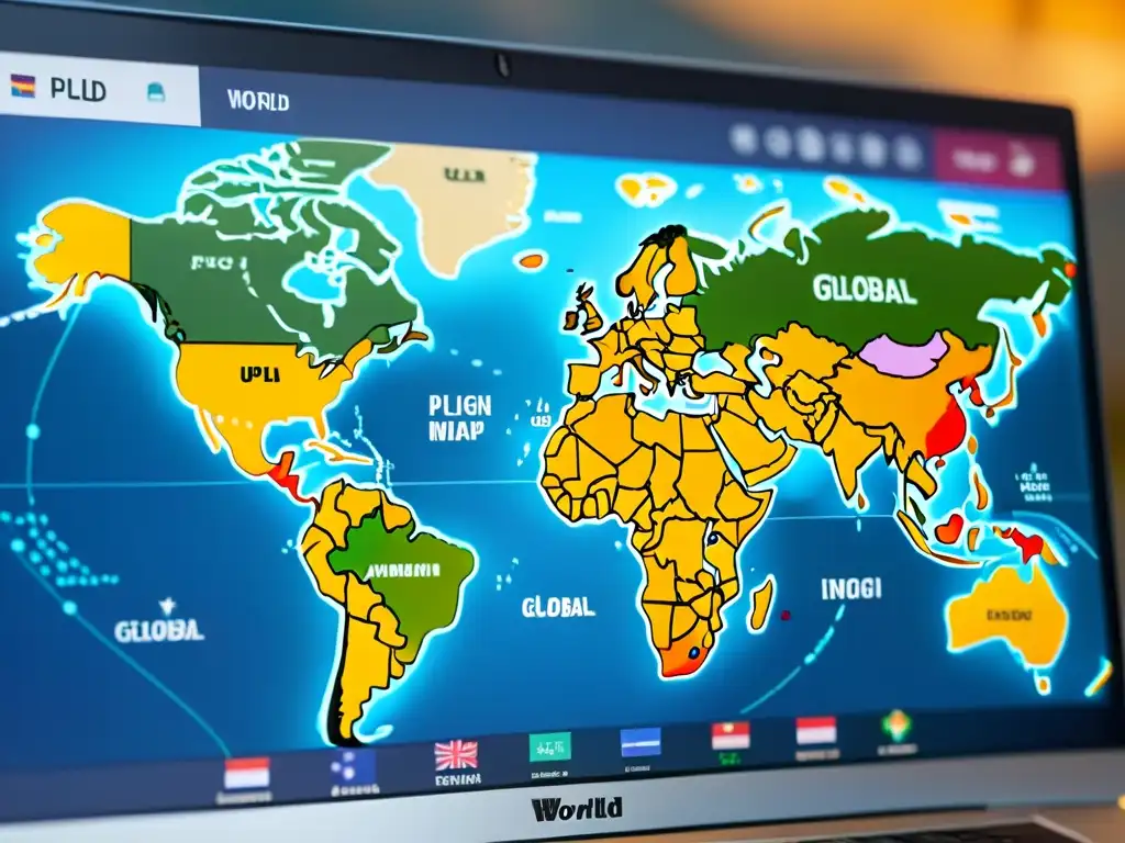 Mapa mundial con plugins en distintos idiomas Mapa del mundo en pantalla con íconos de plugins en varios países, reflejando la optimización de plugins para audiencia global