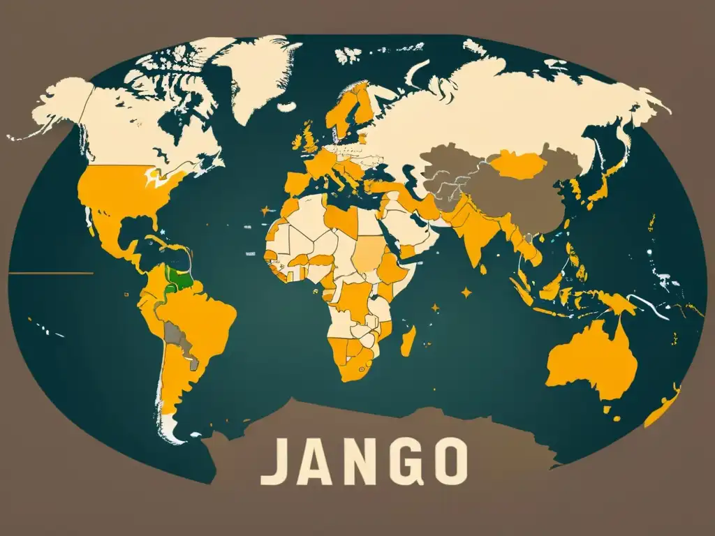 Mapa del mundo con logo de Django: Alcance global y profesional Mapa del mundo en tonos tierra con el logo de Django en el centro, simbolizando la internacionalización con Django de forma minimalista y profesional