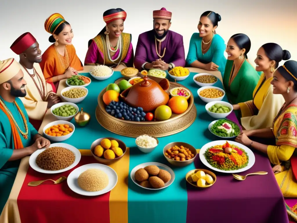 Celebración multicultural con comida y vestimenta tradicional Una mesa colorida con personas de distintas culturas y trajes tradicionales, representando la rica percepción del color en audiencias globales