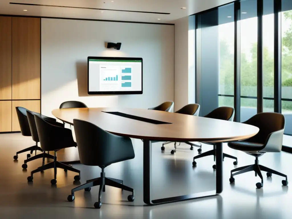 Sala de reuniones moderna y luminosa: ambiente profesional y productivo Una mesa de conferencias moderna y minimalista, rodeada de sillas ergonómicas, con cuadernos, un bolígrafo y una tableta