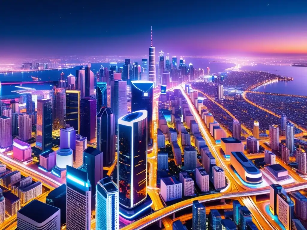 Horizonte futurista: Ciudad nocturna con microservicios y Kubernetes Orquestando microservicios con Docker y Kubernetes: Una ciudad futurista iluminada por neones y vehículos autónomos en una noche estrellada