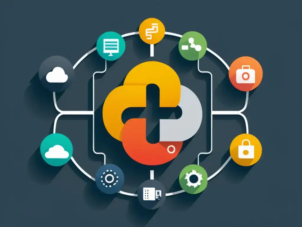 Ilustración: Integración Python y JavaScript para IoT Integración Python JavaScript IoT FullStack: Ilustración minimalista de ambiente de desarrollo, con flujo de trabajo eficiente y moderno
