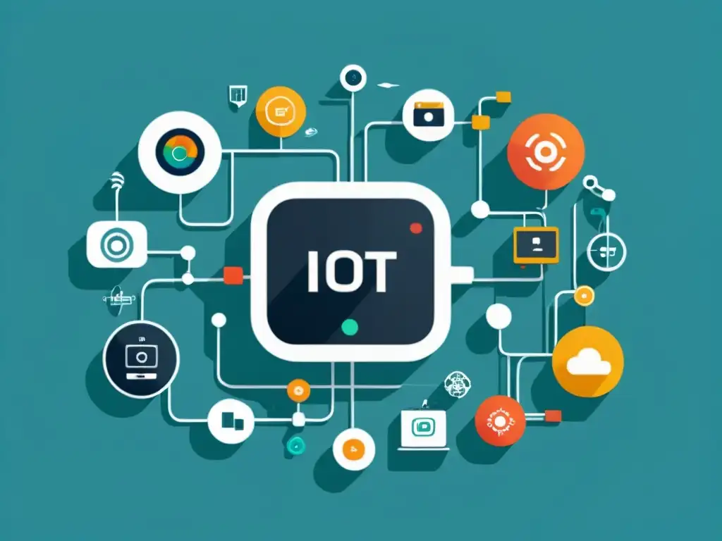 IoT interconectado: dispositivos inteligentes en red Una ilustración minimalista de dispositivos IoT interconectados, con líneas limpias y una paleta de colores moderna