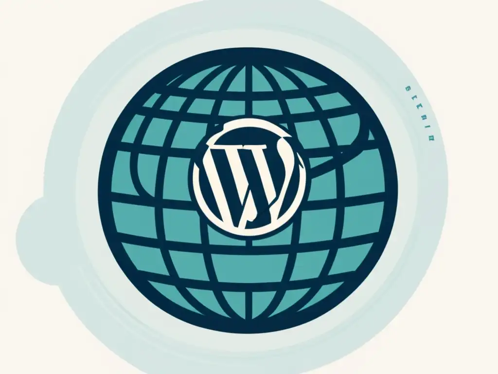 WordPress: Sitios web globales y multilingües Ilustración minimalista de un globo terráqueo con traducciones multilingües, simbolizando la capacidad multilingüe de WordPress para crear sitios globales