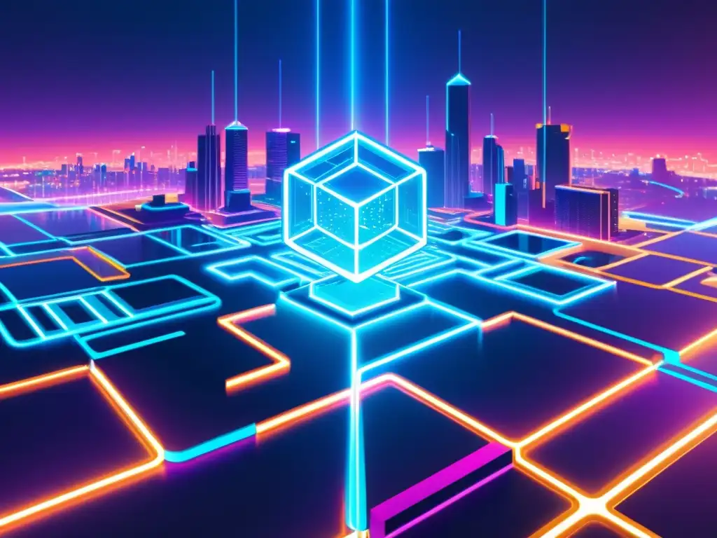 Ciudades virtuales futuristas en la blockchain Ilustración minimalista de un mundo de juego futurista en Blockchain, con ciudades virtuales interconectadas flotando en un espacio digital, iluminadas con luces de neón vibrantes