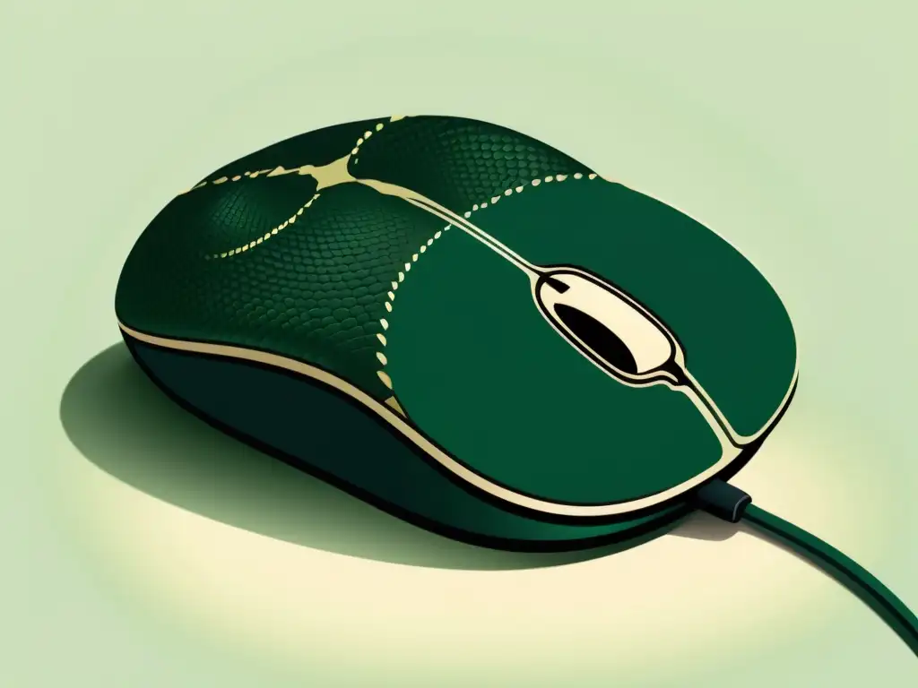 Serpiente Python acechando el ratón Ilustración minimalista de una serpiente python en verde intenso, enroscada alrededor de un ratón de computadora