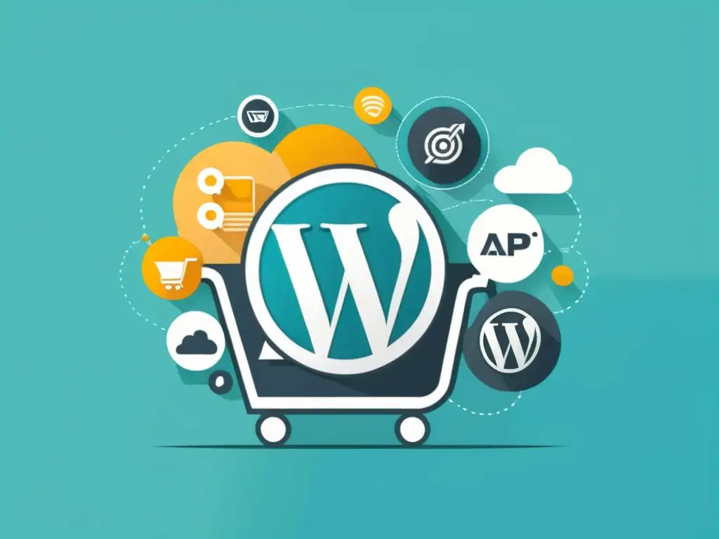 Integración perfecta de WordPress con API: Mapas, Mensajes y Compras Ilustración minimalista de un sitio web de WordPress integrando diversos iconos de API, como un pin de mapa, un bocadillo y un carrito de compras