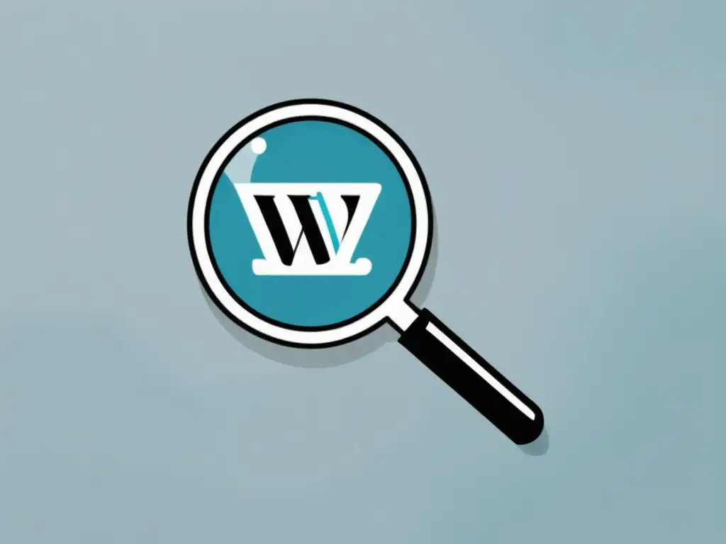 Ilustración minimalista de un sitio web de WordPress con un mensaje de error 404 resaltado por una lupa, transmitiendo riesgos de seguridad