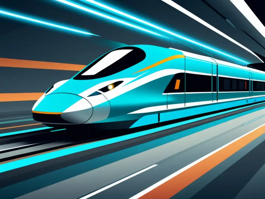 Veloz tren de alta tecnología en vías futuristas 'Ilustración minimalista de un tren de alta velocidad en una pista futurista, con líneas dinámicas y sensación de movimiento