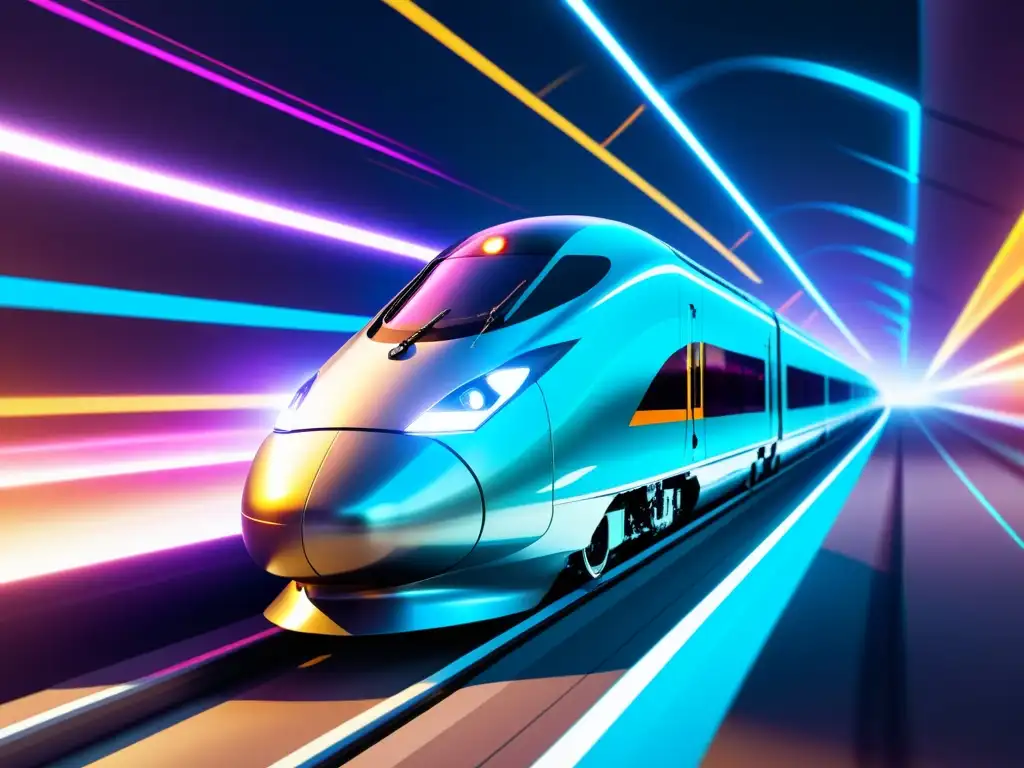 Veloz tren de alta tecnología: PWA a máxima velocidad Ilustración minimalista de un tren de alta velocidad surcando una pista futurista, con explosiones de energía vibrante a su paso