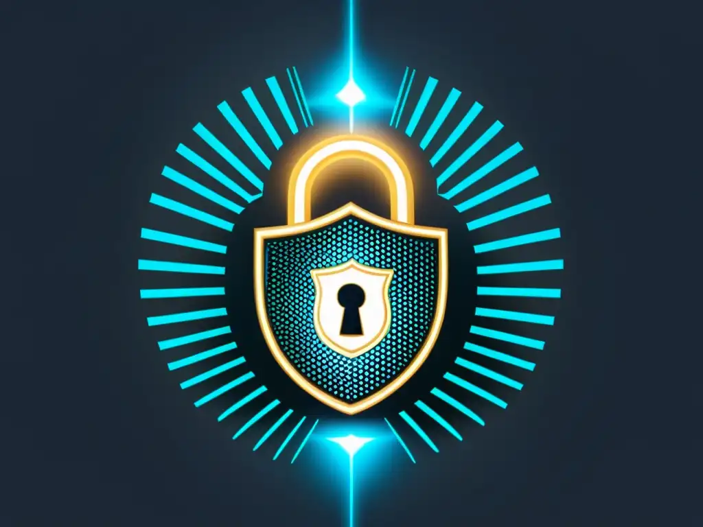 Padlock tecnológico: seguridad avanzada para WordPress Un moderno candado seguro con elementos tecnológicos y un escudo protector brillante, simbolizando estrategias de respaldo inteligente WordPress