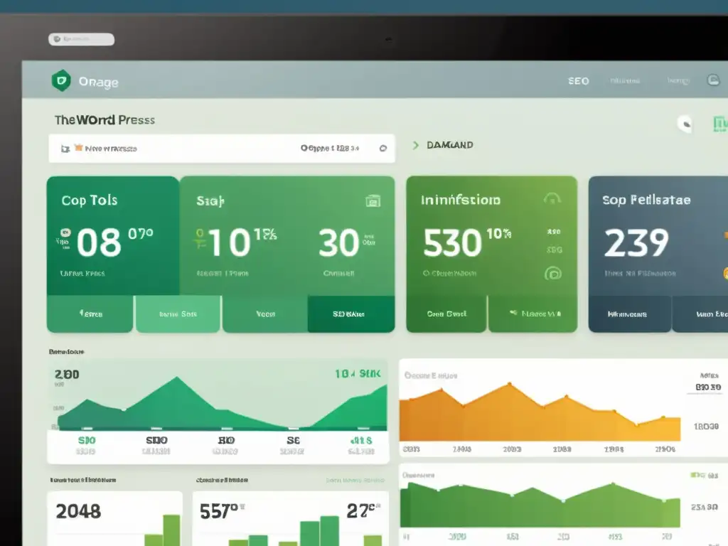 Interfaz de WordPress 8K: Optimización SEO y diseño minimalista Un moderno y detallado panel de WordPress en 8K, con diseño minimalista y herramientas de SEO onpage