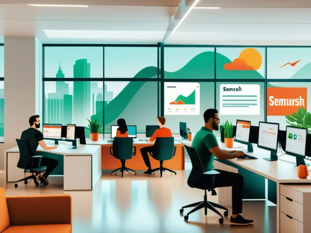 Oficina moderna y dinámica: gestión eficiente con SEMrush Un moderno y dinámico ambiente de oficina con empleados colaborando en estrategias de marketing digital usando SEMrush