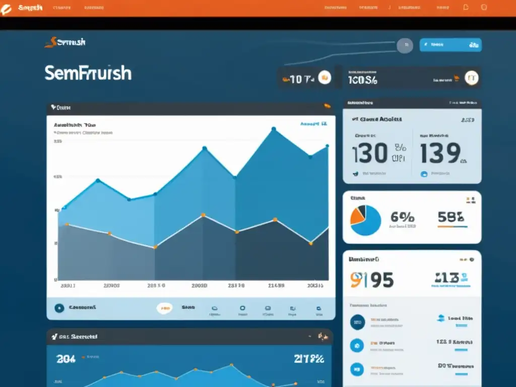 Panel de control SEMrush: análisis detallado y eficiente Un moderno panel de control SEMrush en azul y blanco, con herramientas analíticas y gráficos detallados