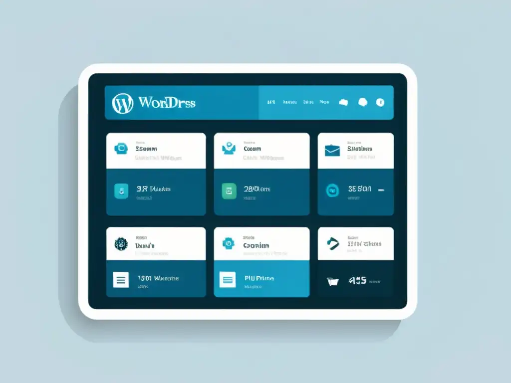 Dashboard WordPress personalizado: Widgets modernos y elegantes Un moderno panel de control de WordPress con widgets personalizados en formas y tamaños variados, en tonos azules y blancos