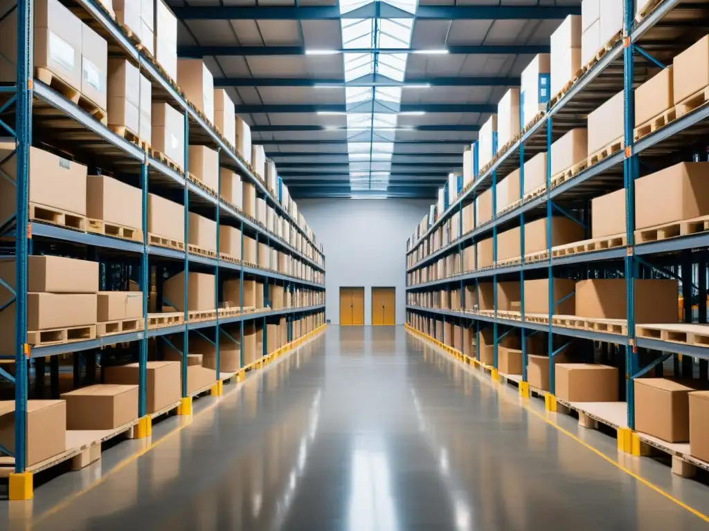 Almacén moderno: eficiencia y profesionalismo en la gestión logística Almacén moderno con soluciones logísticas envíos WooCommerce, iluminado por luz natural, estantes organizados y trabajadores eficientes