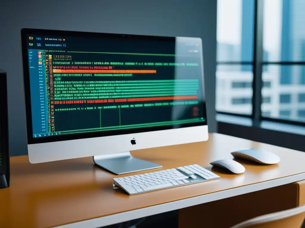 Monitor FullStack: Desarrollo Profesional y Preciso Monitor de computadora moderno mostrando líneas de código en un entorno de desarrollo sofisticado, con un espacio de trabajo minimalista