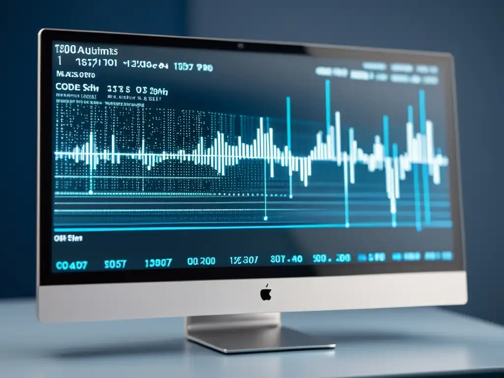 Monitor de AI: Código y Visualización de Datos Un monitor moderno muestra líneas de código y visualización de datos, con algoritmos de inteligencia artificial de fondo