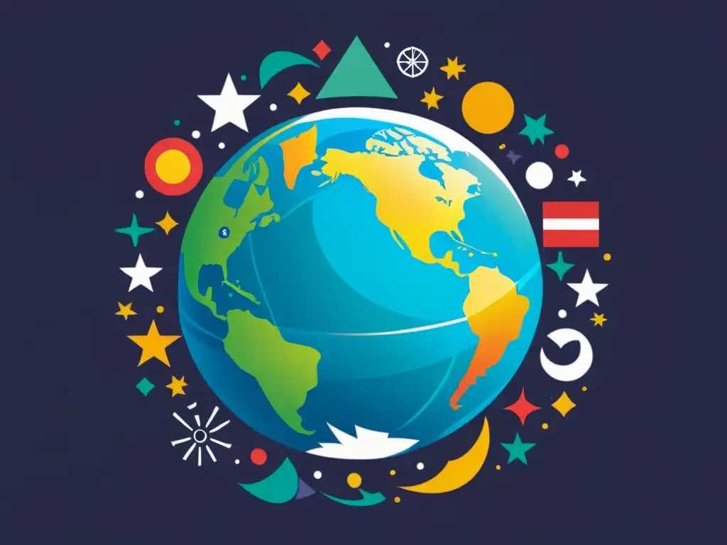 Interconexión lingüística: Globo y lenguajes en armonía Un mundo global rodeado de símbolos de diversos idiomas, con una cálida luz que emana del centro