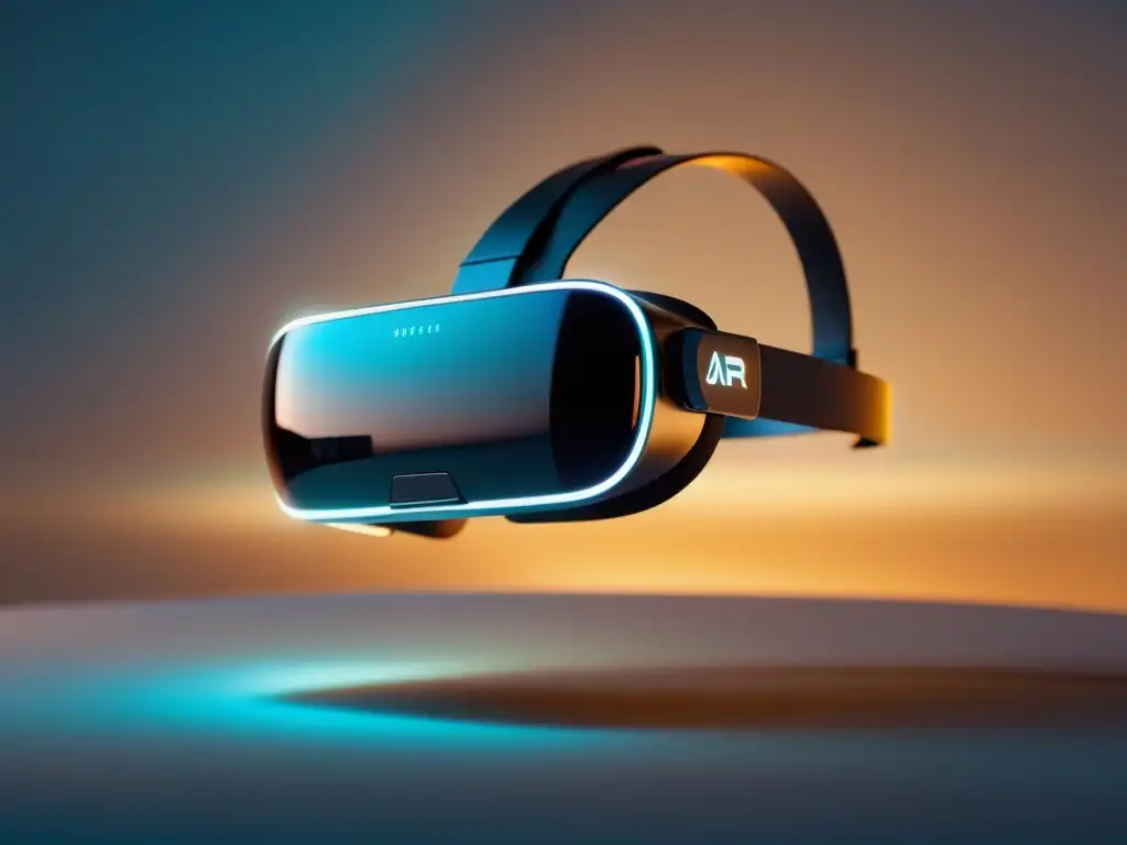Headset AR futurista suspendido en el aire Narrativa en diseño web AR: Un headset futurista suspendido en el aire, iluminado con suavidad y elegancia, fusionando tecnología y entorno