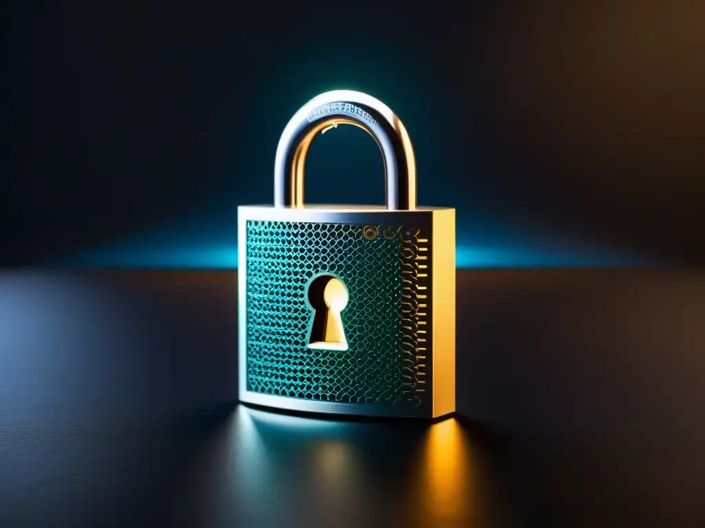 Seguridad API: Cerradura futurista revela núcleo brillante Padlock futurista con patrones geométricos, parcialmente abierto, revelando un núcleo brillante y pulsante