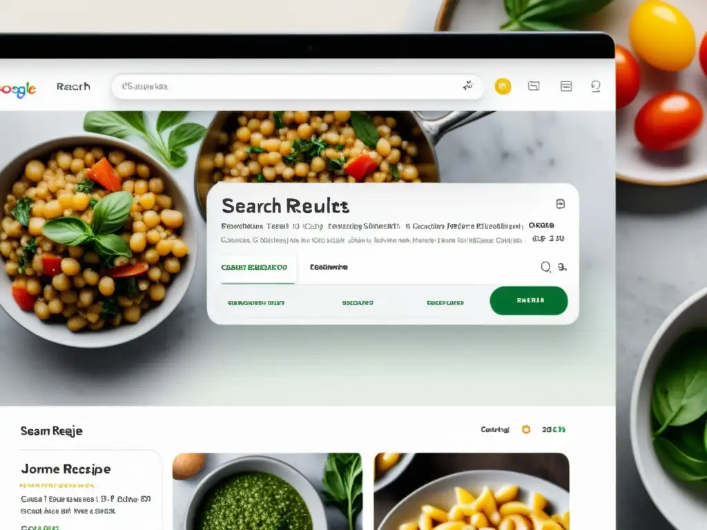 Rich Snippet de Receta Destacado en Página de Resultados de Búsqueda Una página de resultados de búsqueda con un snippet destacado para una receta, mostrando nombre, valoración y tiempo de cocción