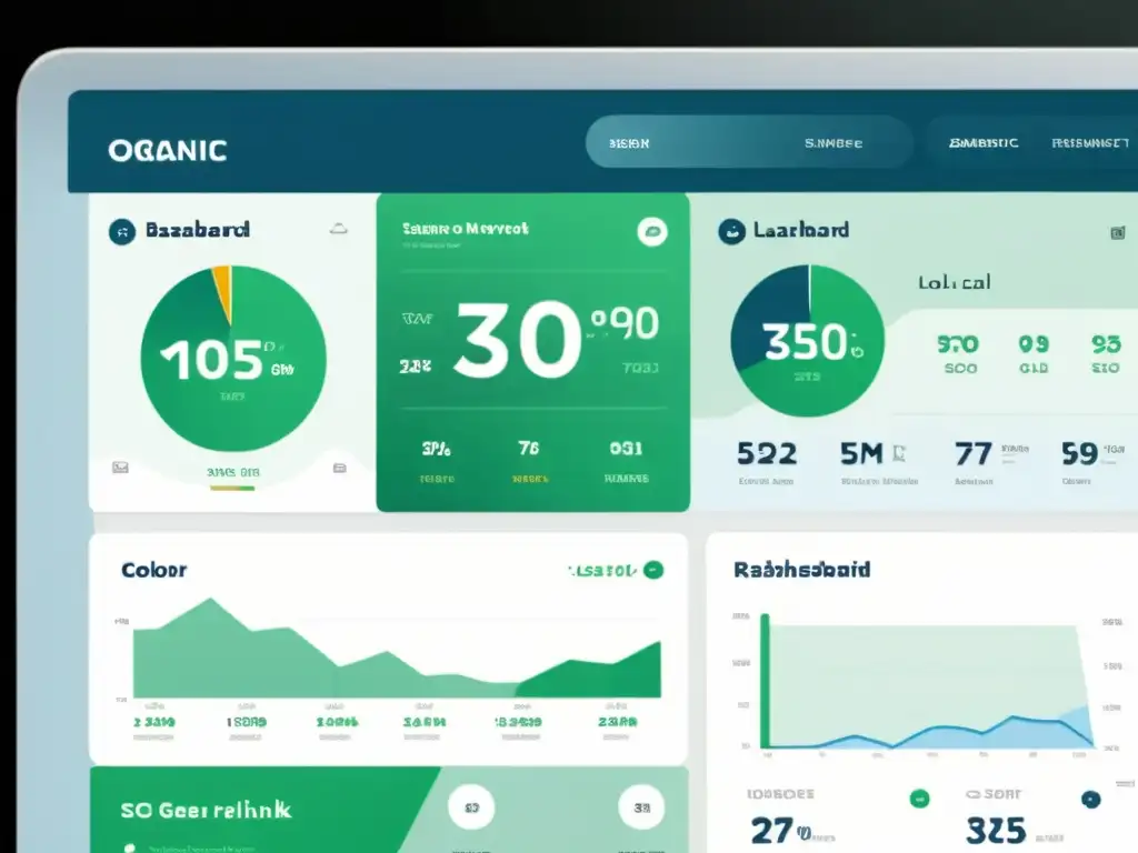 Tablero SEO moderno y minimalista Un panel de control SEO minimalista y elegante, con métricas locales y una paleta de colores suave