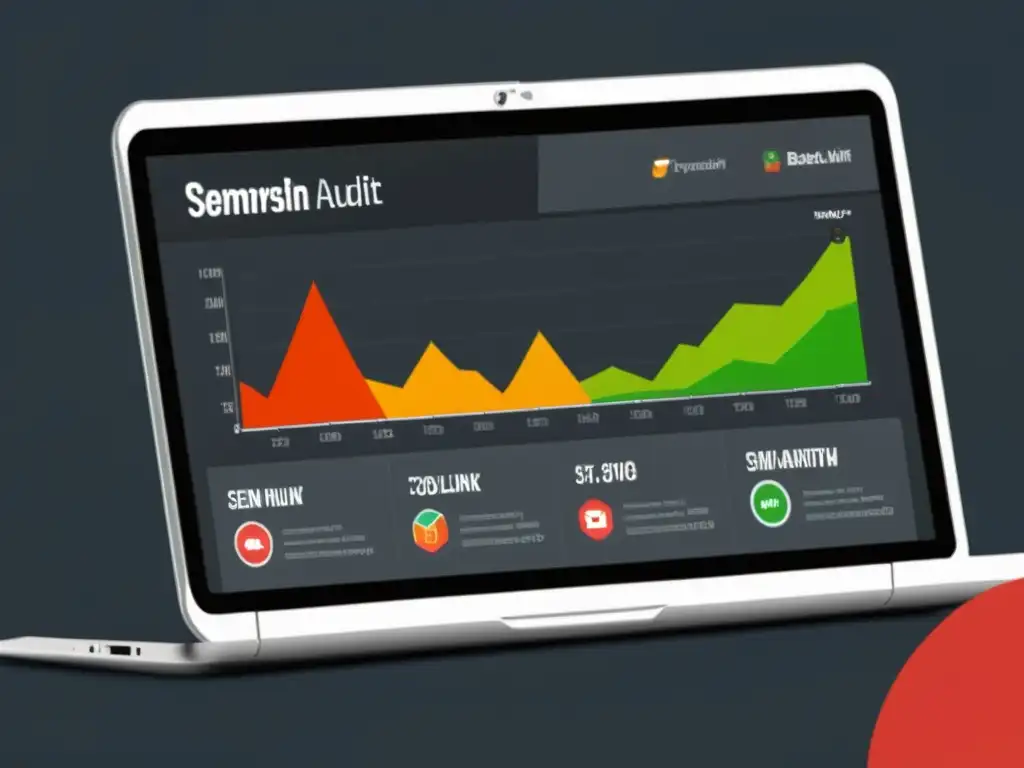 Análisis de backlinks con SEMrush: Gráfico detallado y enfoque profesional Una pantalla de ordenador muestra la herramienta de auditoría de backlinks de SEMrush con gráficos detallados de crecimiento de backlinks y lista de enlaces tóxicos marcados en rojo