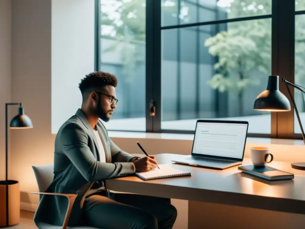 Creatividad en la oficina: brainstorming con SEMrush Persona realizando análisis de estrategias de contenido con SEMrush en un escritorio moderno y ordenado, rodeada de cuadernos y una taza de café