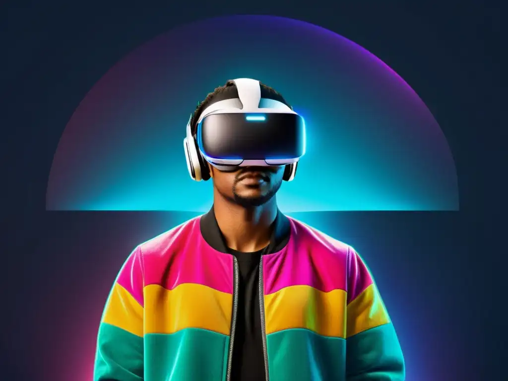 Inclusión virtual: Headset VR con gráficos futuristas Persona con auriculares de realidad virtual disfruta del diseño web inclusivo en realidad virtual con gráficos futuristas y texto vibrante