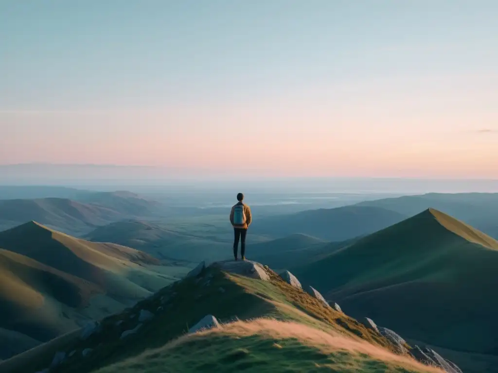 Serena contemplación en la cima: confianza y claridad en paisaje sereno Una persona en la cima de la montaña, estableciendo límites y alcances claros mientras contempla el horizonte en un paisaje sereno y vasto