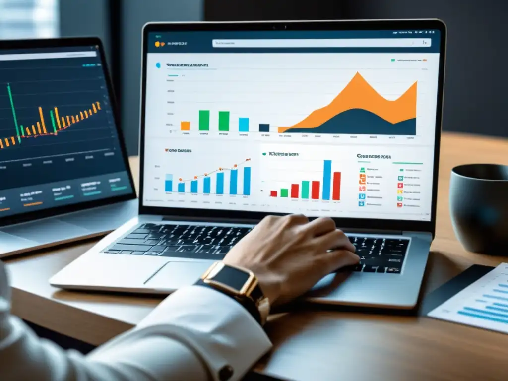 Productividad profesional: Implementación estratégica de contenido Persona concentrada usando datos y estadísticas en contenido, en laptop moderno rodeada de gráficos, reflejando productividad y enfoque profesional